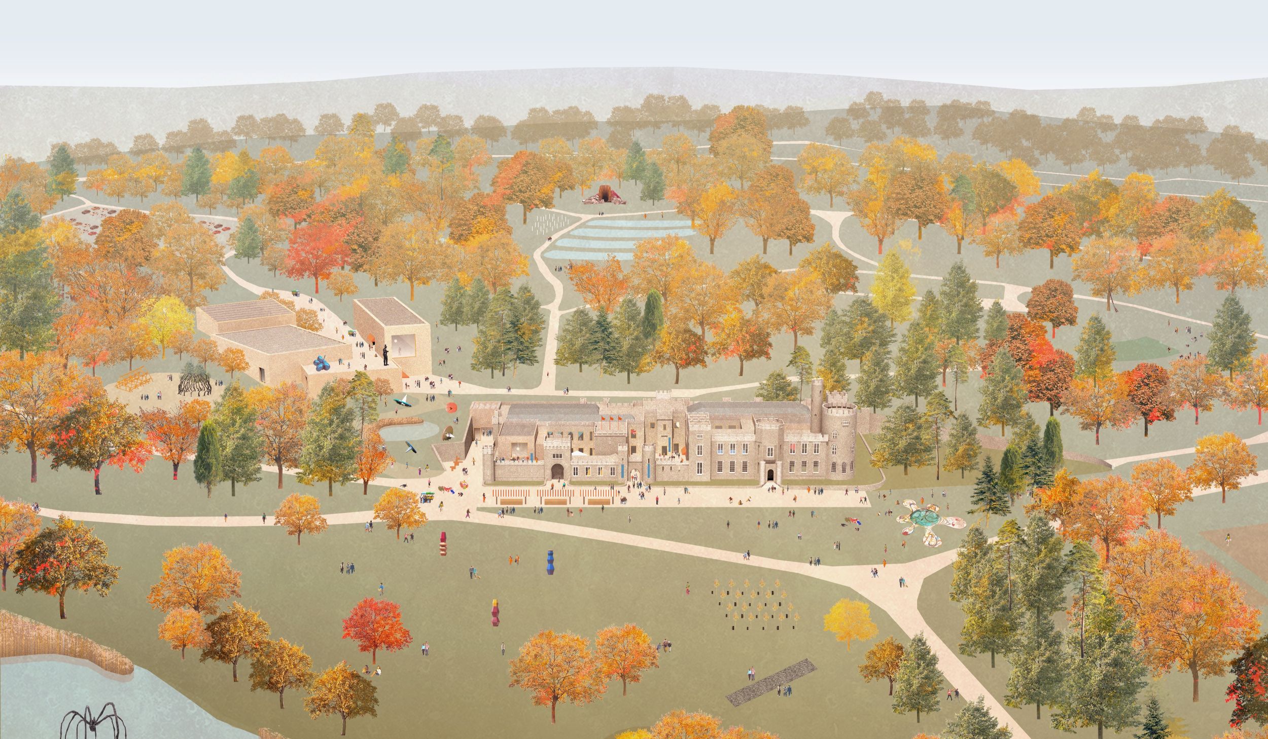 Illustration of Cyfarthfa Castle in the park with additional buildings, people and art installations.jpg Illustration of Cyfarthfa Castle in the park with additional buildings, people and art installations.jpg