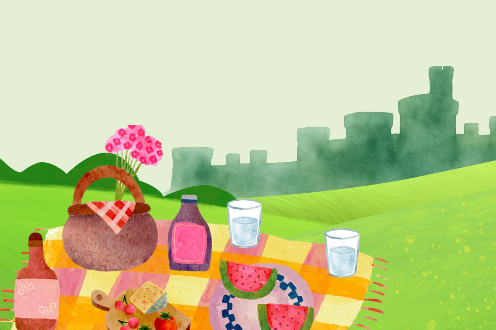 A graphic of a picnic in front of silhouette of Cyfarthfa Castle.png